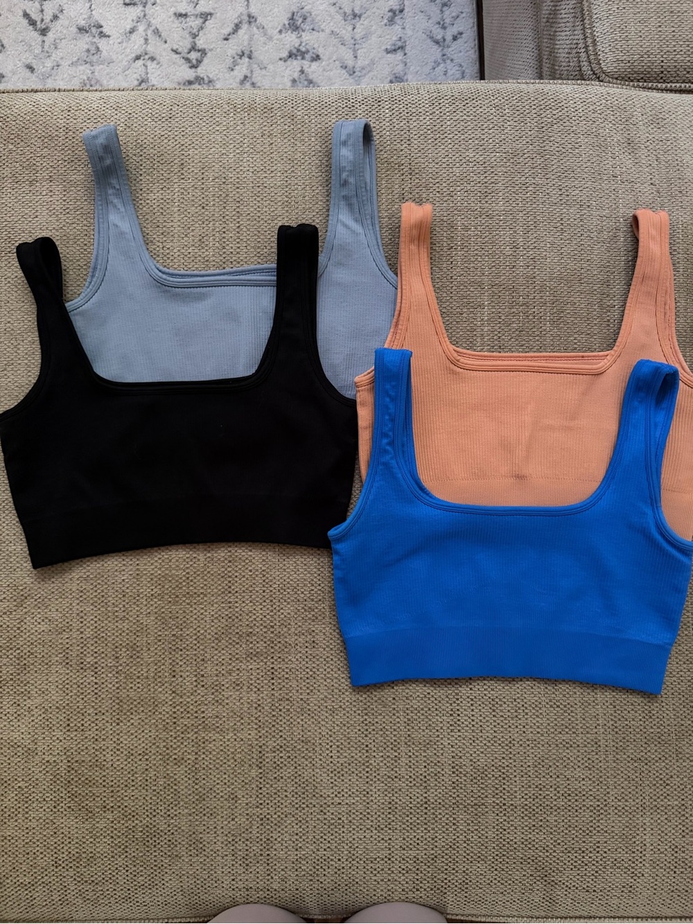 Ribbed Square-Neck Crop Top sports bras- Blue, Black, Peach, Light blue - Picture 1 of 9